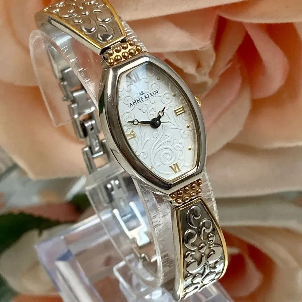 Anne Klein Two-Tone Tonneau Case Bracelet Watch Textured Dial Roman Numerals
